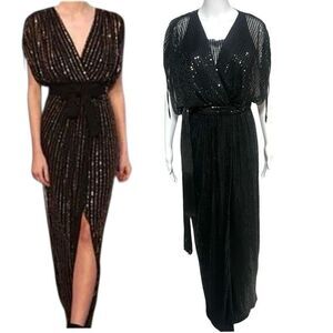 IPEKYOL by Ozgur Masur Black Full Sequin Fringe Sash Maxi Gown Sz 6 Covered Shou